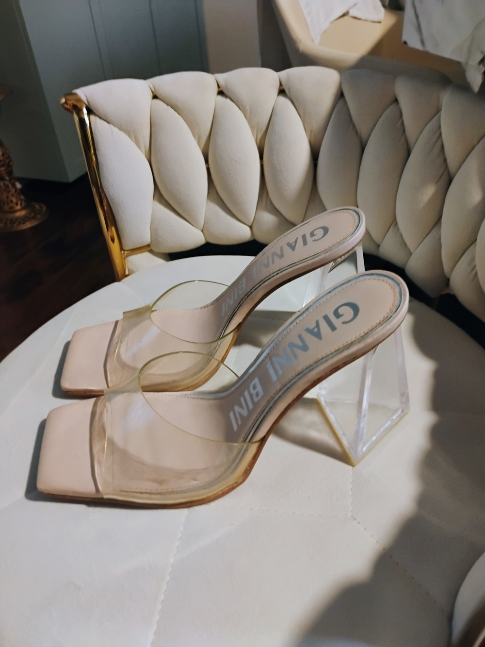 Gianni Bini Blush Square Toe Clear Strap Block Heels